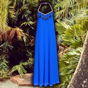 Mark & James Badgley Mischka Royal Blue Bohemian Tassel Halter Maxi Dress Size 8